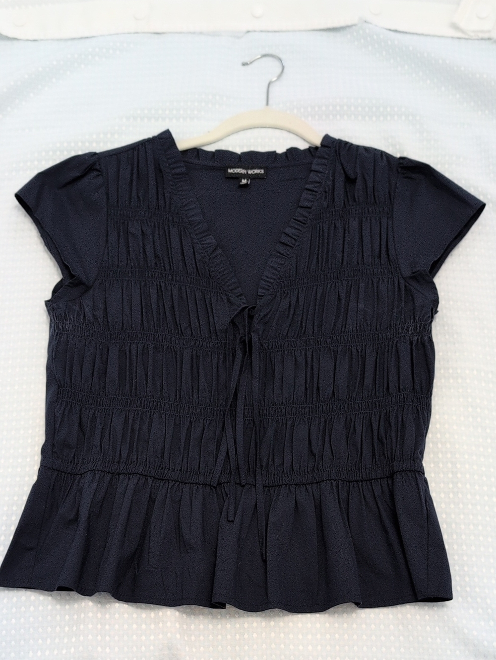 Women's Navy Blue Short Sleeve Ruffled Peplum Top By Modern Works